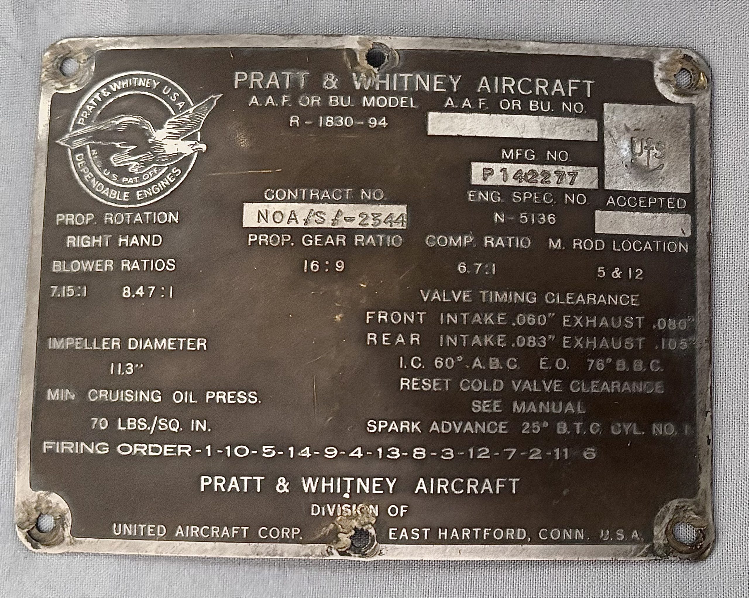Authentic Pratt & Whitney R-1830-94 Twin Wasp Data Plate – PB4Y-2 Privateer – US Navy WWII Other Strong Options: