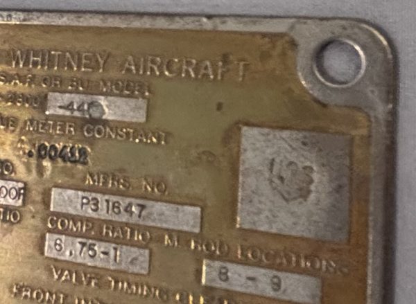 Lockheed Data Plate Pratt & Whitney R-2800-44 Engine Data Plate – F4U Corsair / F6F Hellcat ...
